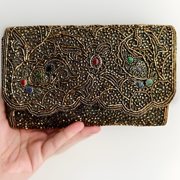 La Regale Handbags - Vintage Hand Beaded La Regale Gold & Jewel Toned Clutch
